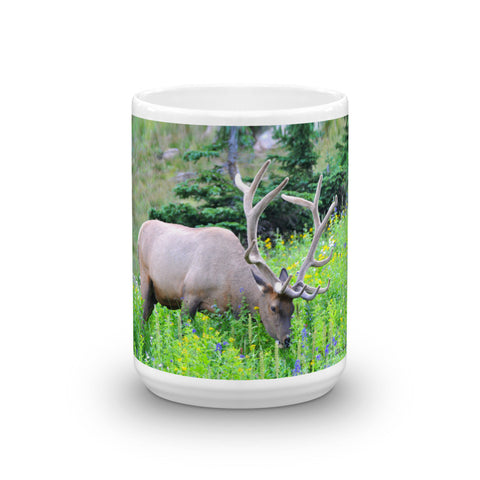 A Bull Elk in Wildflowers Mug